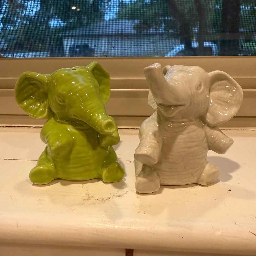 Elephant Salt and Pepper Shakers Ceramic Green White Kitchen Decor